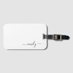 White Black Modern Script Monogram Name Luggage Tag