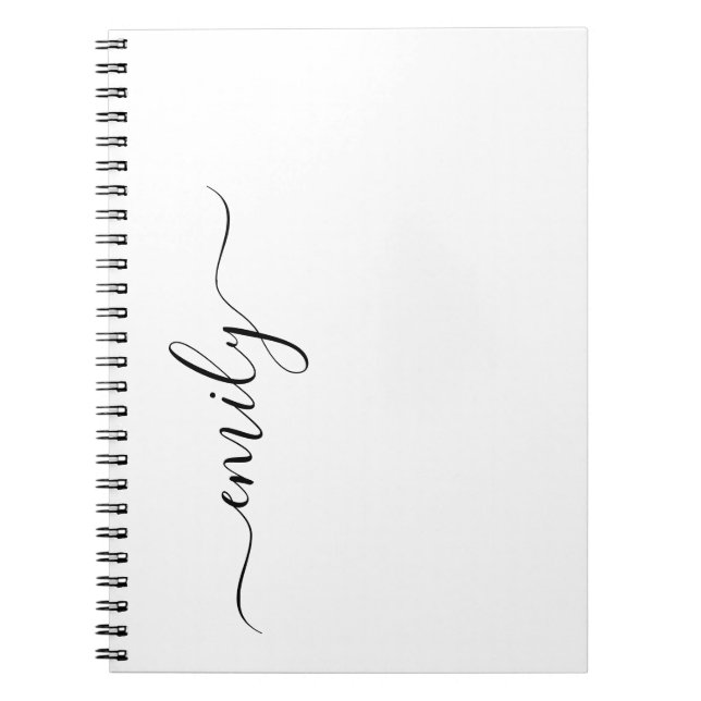 White Black Modern Script Monogram Name Notebook (Front)