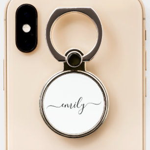 White Black Modern Script Monogram Name Phone Ring Stand