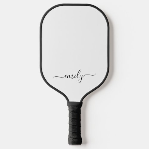 White Black Modern Script Monogram Name Pickleball Paddle