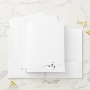 White Black Modern Script Monogram Name Pocket Folder