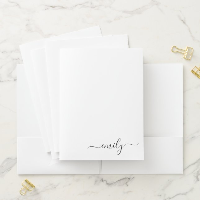 White Black Modern Script Monogram Name Pocket Folder (In Situ)