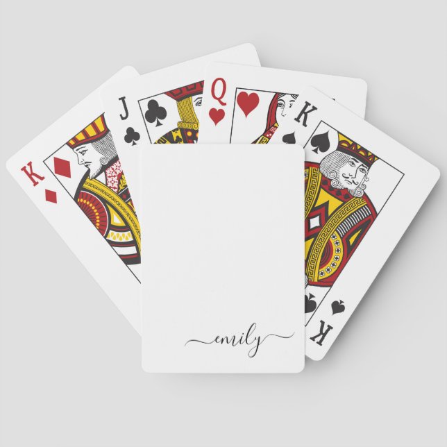 White Black Modern Script Monogram Name Poker Cards (Back)