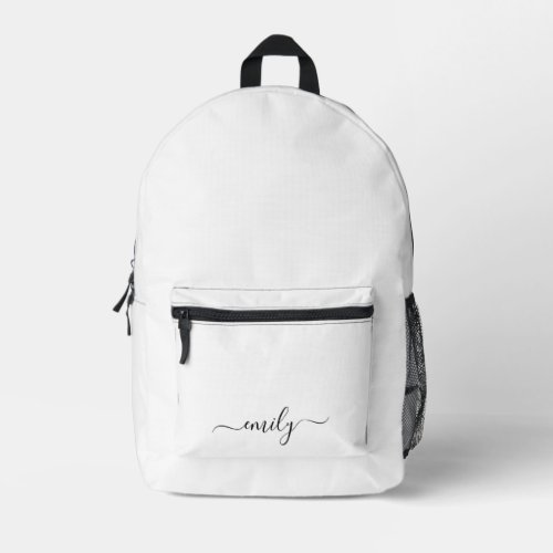 White Black Modern Script Monogram Name Printed Backpack