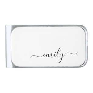 White Black Modern Script Monogram Name Silver Finish Money Clip