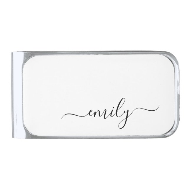 White Black Modern Script Monogram Name Silver Finish Money Clip (Front)