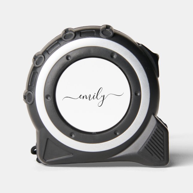 White Black Modern Script Monogram Name Tape Measure (Front)