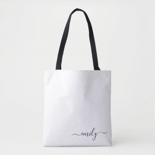 White Black Modern Script Monogram Name Tote Bag