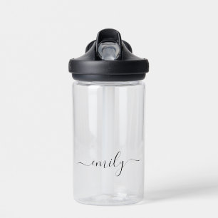 White Black Modern Script Monogram Name Water Bottle