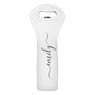 White Black Modern Script Monogram Name Wine Bag
