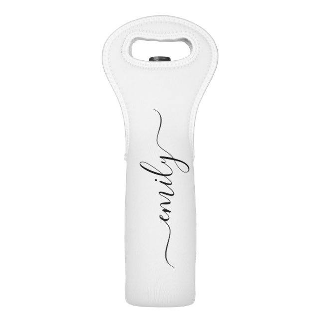 White Black Modern Script Monogram Name Wine Bag (Front)