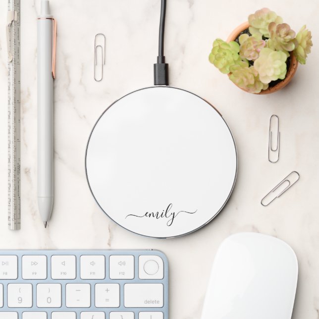White Black Modern Script Monogram Name Wireless Charger (Desk)