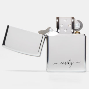 White Black Modern Script Monogram Name Zippo Lighter