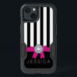 White & Black Modern Stripes Pink Ribbon iPhone 13 Case<br><div class="desc">Definitely girly design white modern white and black vertical stripes with pink ribbon and white diamonds and customizable monogram. Black color can be change by changing background color.</div>