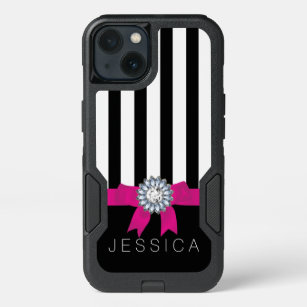 White & Black Modern Stripes Pink Ribbon iPhone 13 Case