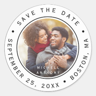 White & Black Modern Wedding Save the Date Photo Classic Round Sticker