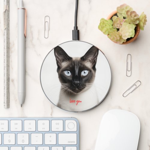 White Black Monochrome Siamese Cat Love Wireless Charger