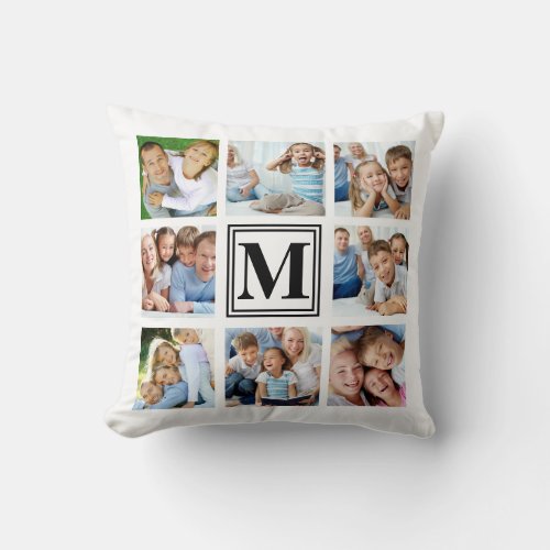 White Black Monogram 8 Multi Photo Collage Throw Pillow