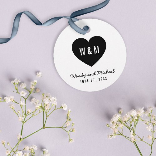 White  Black Monogram Heart Wedding Favor Tags