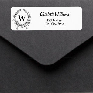 White black monogram initial wreath return address label