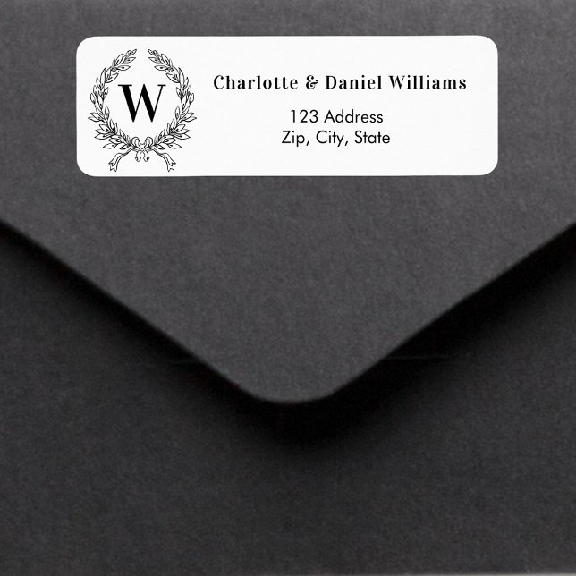 White black monogram initial wreath return address label (Creator Uploaded)
