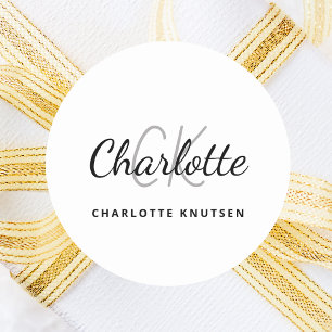 White black monogram initials minimalist script classic round sticker