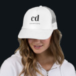 White black monogram initials name elegant modern trucker hat<br><div class="desc">A classic chic white background. Personalize and add your monogram initials written with golden block letters and your name in black. Modern,  trendy and simple. For both him and her.</div>