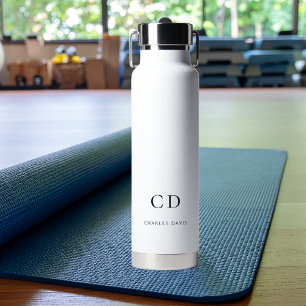 White black monogram initials name simple water bottle