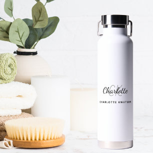 White black monogram initials name simple water bottle