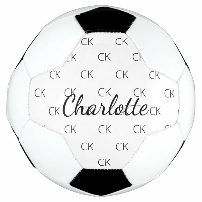 White black monogram initials name soccer ball (Front)