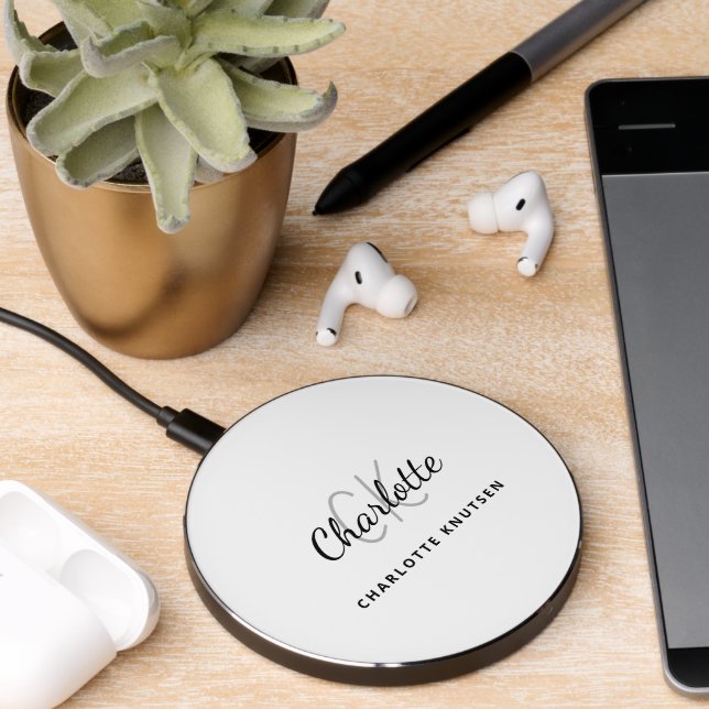 White black monogram initials name wireless charger  (Desk 2)