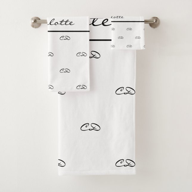White black monogram initials pattern name modern bath towel set (Insitu)