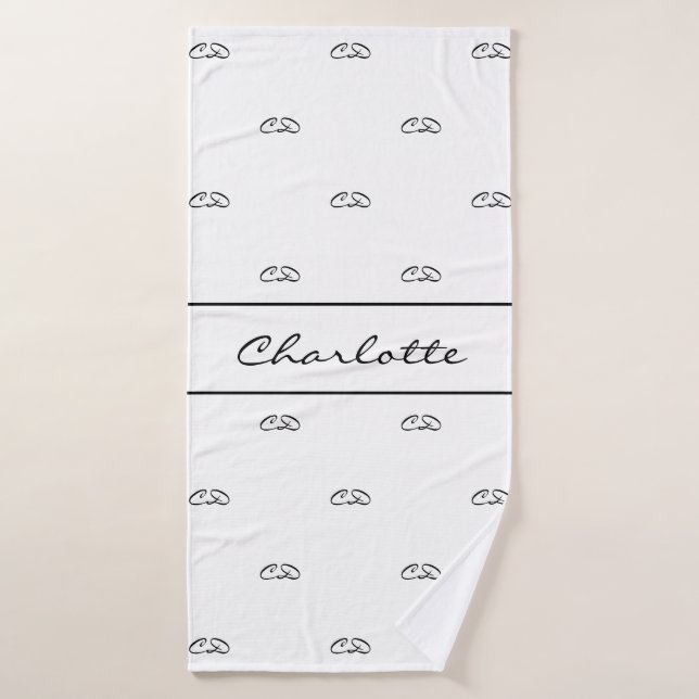 White black monogram initials pattern name script bath towel (Bath Towel)