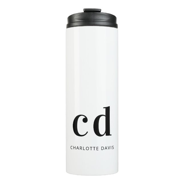 White black monogram name modern minimalist thermal tumbler (Front)