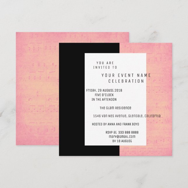 White Black Music Notes Concert Rose Gold Salmon Invitation (Front/Back)