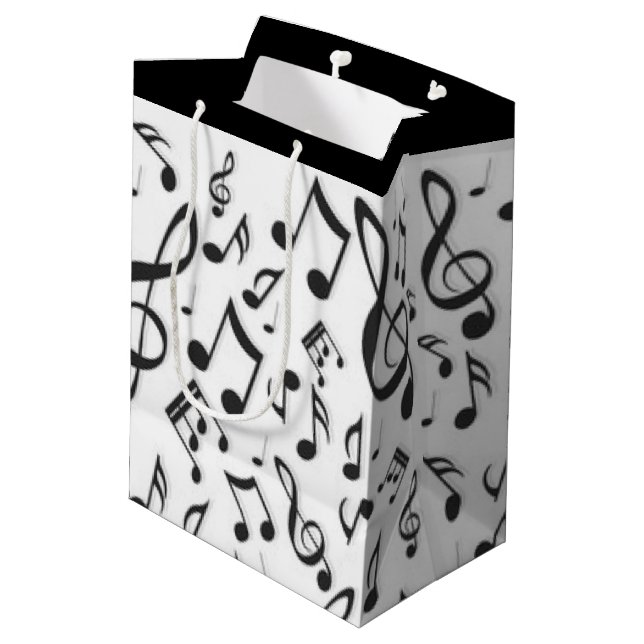 White Black Music Notes Pattern Print Design Medium Gift Bag (Back Angled)
