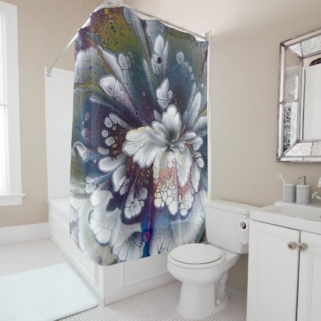 White, Black, Navy Blue Acrylic Painting Colorful Shower Curtain (In Situ)