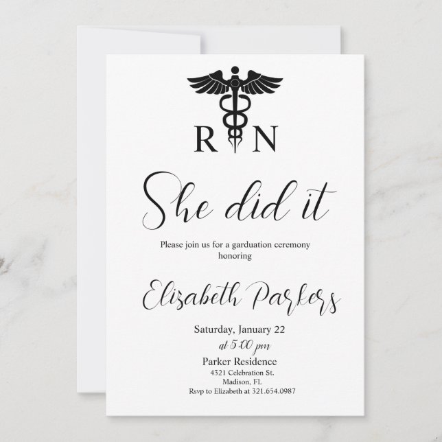 White Black Nursing Graduation Party Invitation (Front)