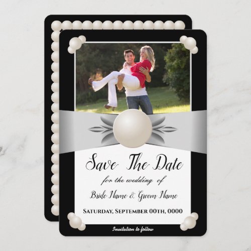 White  Black Pearl Ribbon Photo Save The Date Invitation