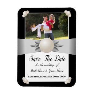 White & Black Pearl Ribbon Photo Save The Date Magnet