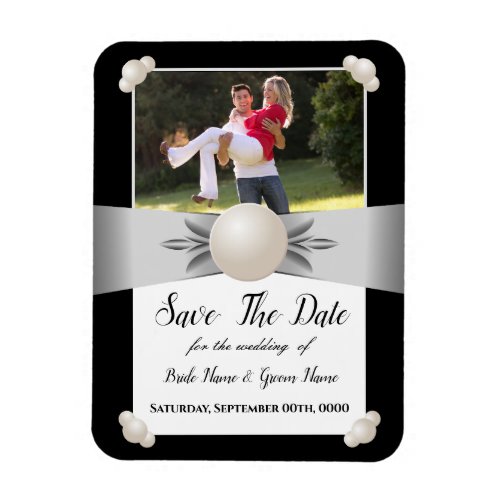 White  Black Pearl Ribbon Photo Save The Date Magnet