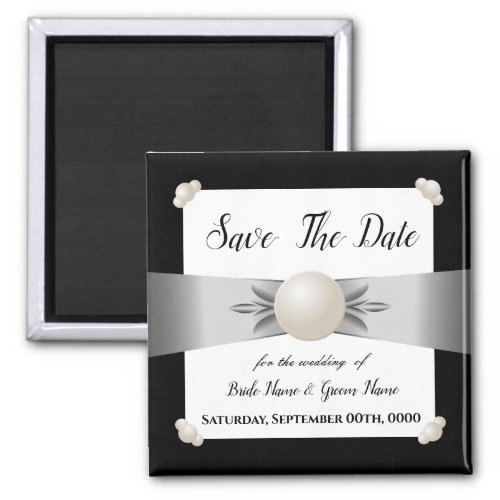 White  Black Pearl Ribbon Photo Save the Date Magnet