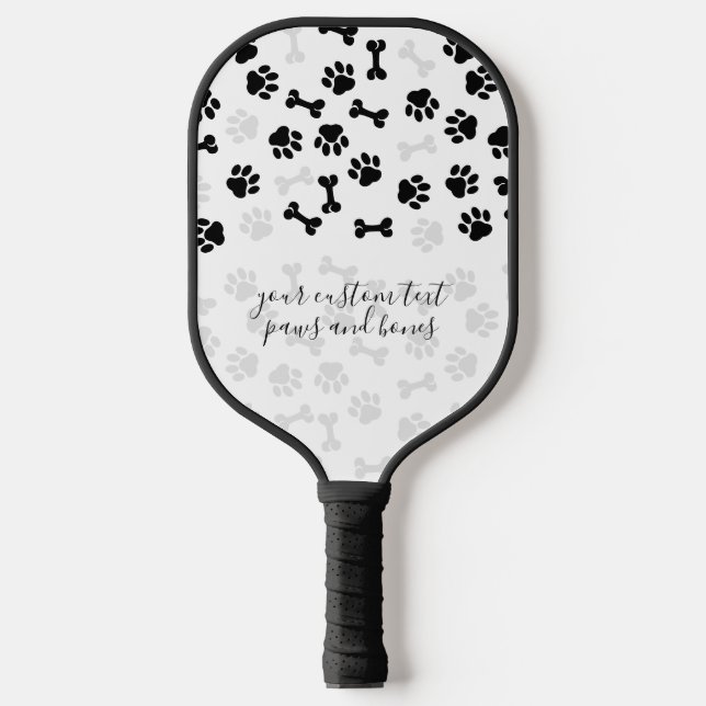 White Black Pet Dog Cat Bone Paws script Pickleball Paddle (Front)