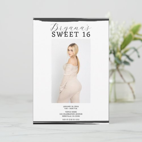 White  Black Photo Frame Trendy Modern Sweet 16 Invitation