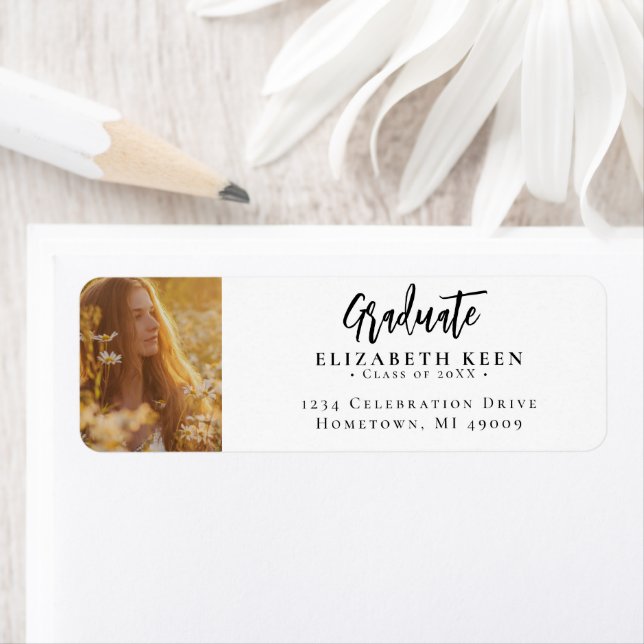 White & Black Photo Graduation Return Address Label (Insitu)