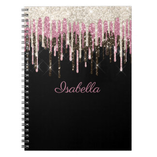 White Black Pink Glitter Drips Personalized Name Notebook