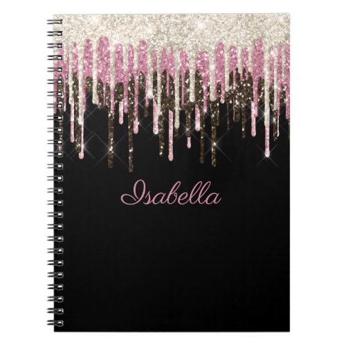 White Black Pink Glitter Drips Personalized Name Notebook