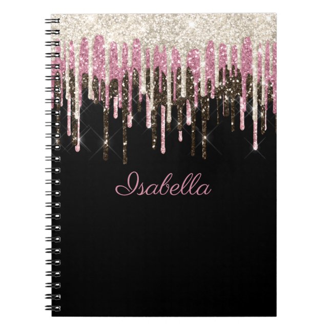 White Black Pink Glitter Drips Personalized Name Notebook (Front)