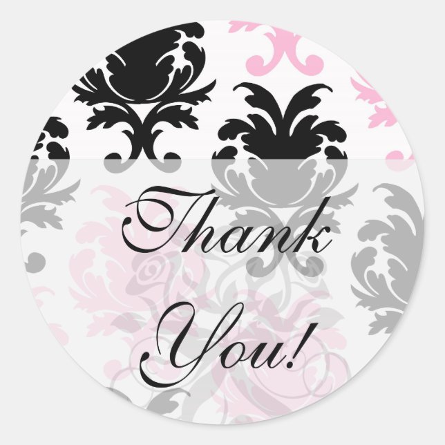 white black pink lovely bold damask classic round sticker (Front)