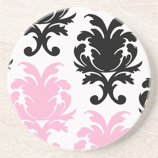 white black pink lovely bold damask sandstone coaster (Front)